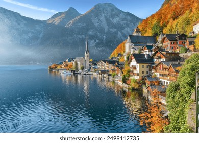 Stunning view of famous Hallstatt mountain village with Hallstatter lake. Popular travel destination. Location:  Hallstatt, Salzkammergut region, Austria, Alps. Europe.