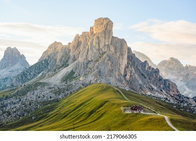 Stunning view of the Giau pass during a beautiful sunset. The Giau Pass is a high mountain pass in the Dolomites in the province of Belluno, Italy.