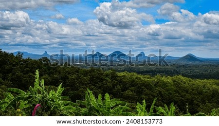 stunning view of the Glasshouse Mountains as seen from Jackson Rd - Banana trees in foreground - fluffy white clouds