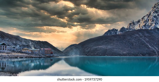 Stunning View Of Gokyo Lake And Village At Sunrise, On The Mount Everest Trekking Route, Himalayas, Nepal