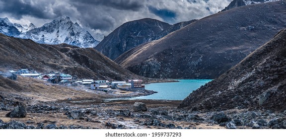 Stunning View Of Gokyo Lake And Village From The Ground, On The Mount Everest Trekking Route, Himalayas, Nepal