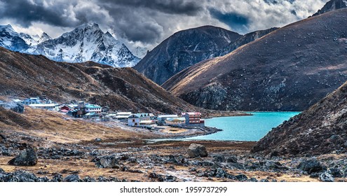 Stunning View Of Gokyo Lake And Village From The Ground, On The Mount Everest Trekking Route, Himalayas, Nepal