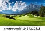 A stunning view of a golf course set against the backdrop of majestic mountains and a clear blue sky, showcasing the natural beauty and serene environment perfect for a day on the greens.