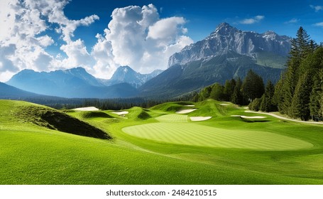 A stunning view of a golf course set against the backdrop of majestic mountains and a clear blue sky, showcasing the natural beauty and serene environment perfect for a day on the greens. - Powered by Shutterstock