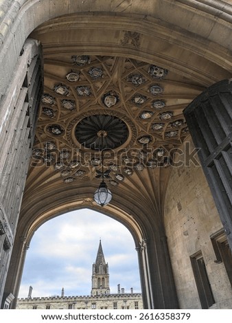 A stunning view of the intricate ceiling and archway leading to Tom Tower in Oxford, showcasing historical architecture and detailed artwork.