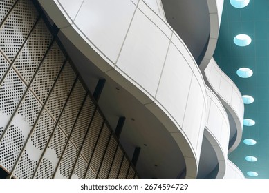 Stunning view of a modern architectural structure showcasing flowing curves and innovative design elements, emphasizing harmony between space and style.