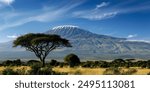 A stunning view of Mount Kilimanjaro with its snow-capped peak rising above the African savannah.