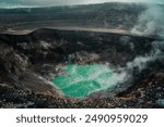 A stunning view of the Santa Ana Volcano’s crater in El Salvador, featuring vibrant turquoise water and rising steam. The scene captures the raw and dramatic beauty of this natural phenomenon