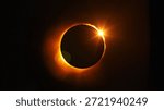 A stunning view of a total solar eclipse, showcasing the moon perfectly obscuring the sun, with a brilliant diamond ring effect and glowing corona visible against the dark sky.