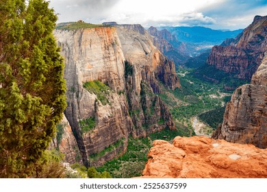 Stunning view of towering cliffs and lush valleys in Zion National Park, Utah. A dramatic landscape showcasing red rock formations, greenery, and expansive vistas. - Powered by Shutterstock