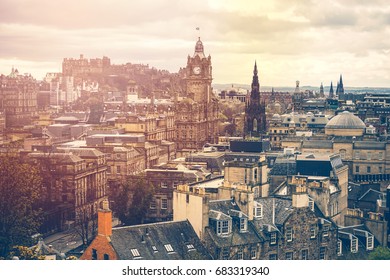 Stunning Views Over The City Of Edinburgh, Scotland At Sunrise With Grain