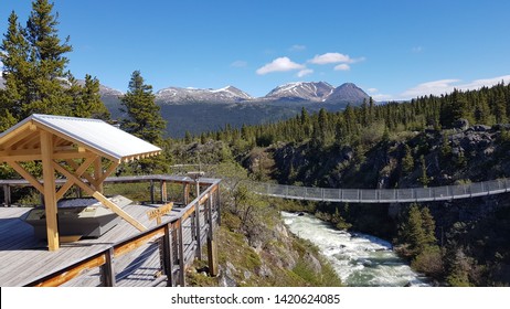 
Stunning views over the white-water rapids of the Tutshi River from the Yukon Suspension Bridge in Canada near Skagway Alaska