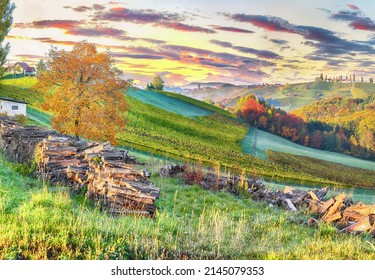 Stunning Vineyards Landscape In South Styria Near Gamlitz. Autumn Scene Of Grape Hills In Popular Travell Destination Eckberg. Location: Gamlitz, District Of Leibnitz In Styria, Austria. Europe.