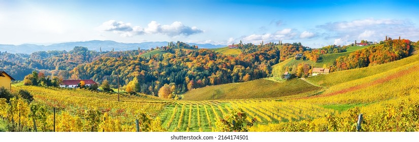 Stunning Vineyards Landscape In South Styria Near Gamlitz. Autumn Scene Of Grape Hills In Popular Travell Destination Eckberg. Location: Gamlitz, District Of Leibnitz In Styria, Austria. Europe.