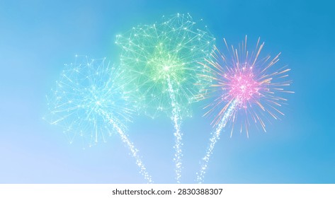 A stunning visual of colorful fireworks exploding against a bright blue sky, creating a festive and celebratory atmosphere.
