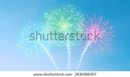 A stunning visual of colorful fireworks exploding against a bright blue sky, creating a festive and celebratory atmosphere.