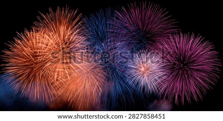 A stunning visual spectacle of multiple fireworks bursting in the dark night sky, creating a dazzling array of colors and patterns.