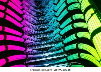 Stunning visual of vibrant fiber optic cables showcasing modern data center technology. Perfect for illustrating connectivity, innovation, and digital infrastructure.