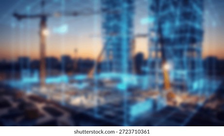 A stunning visualization of a construction project at sunset, with a futuristic digital blueprint overlaying the site.