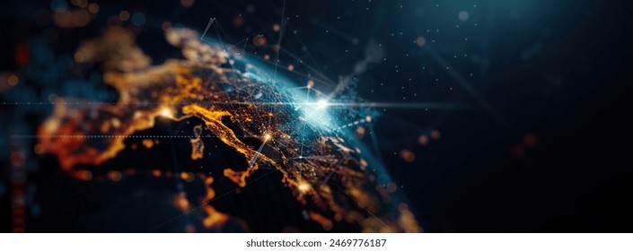 A stunning visualization of a global network connection with illuminated lines and nodes representing data exchange across continents, highlighting the interconnected world of modern technology 