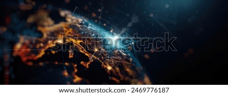 A stunning visualization of a global network connection with illuminated lines and nodes representing data exchange across continents, highlighting the interconnected world of modern technology 