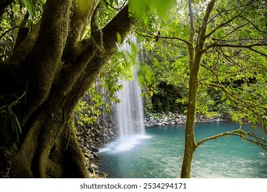 A stunning waterfall cascades over rocky cliffs, framed by lush greenery in the heart of a tropical rainforest. The serene pool below reflects the natural beauty and peacefulness of the jungle  - Powered by Shutterstock