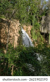 A stunning waterfall flows gracefully down rocky cliffs, surrounded by vibrant green foliage in a tranquil forest. Sunlight filters through the trees, enhancing the scenery.