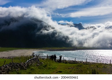 Stunning Of White Clouded Roll Over The Mountain And The Sea Nearby The Beach, Stunning Nature Over The Beach At Lofoten, Norway