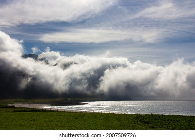 Stunning Of White Clouded Roll Over The Mountain And The Sea Nearby The Beach, Stunning Nature Over The Beach At Lofoten, Norway