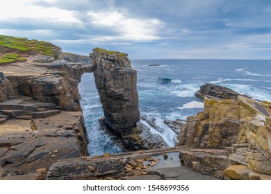 Stunning Yesnaby cliffs and the Yesnaby Castle Sea Stack on the west coast of Mainland Orkney island, Scotland