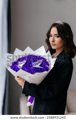 Similar – Image, Stock Photo sophisticated intricate flowers bouquet in vase. Floral arrangement on black background.