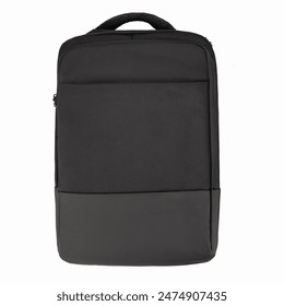 Sturdy black backpack designed with multiple zippered compartments and adjustable straps against grey background. Concept of  convenient stylish accessory for business trips and travel
