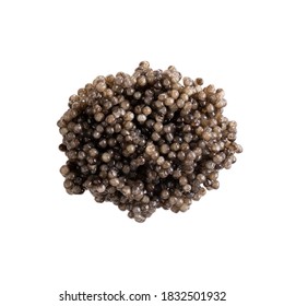 Sturgeon caviar. Heap of black caviar isolated on white background. Top view.