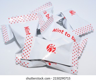 Sturtevant, Wisconsin \ USA - April 27, 2022: Packaged After Dinner Mints From Chick-fil-A Wrapped In White With Red Text For Customers To Enjoy After Their Meal. 