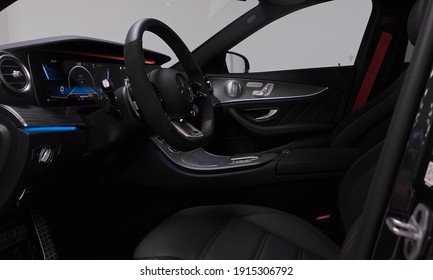 Stuttgart, 12. February 2021: Mercedes AMG E 53 - Luxurious, Comfortable And Modern Car Interior. Ideal Concept For Power, Performance, Automobile And Technology.