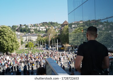 STUTTGART, BADEN WÜRTTEMBERG/GERMANY April 25 2020: Anti-lockdown Protestors At The Main Squere In Stuttgart (Schloßplatz). They Claim To Fight For The Constitunial Rights (grundgesetz).