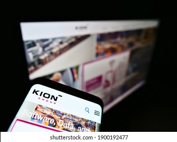 Stuttgart, Germany - 01-21-2021: Smartphone With Website And Logo Of German Materials Handling Equipment Manufacturer Kion Group AG On Screen. Focus On Top Left Of Phone Display. Unmodified Photo.