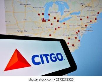 Stuttgart, Germany - 05-21-2021: Cellphone With Logo Of US Refining Company Citgo Petroleum Corp On Screen In Front Of Website With Map. Focus On Center-right Of Phone Display. Unmodified Photo.