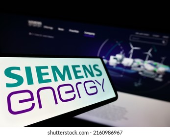 Stuttgart, Germany - 05-21-2022: Cellphone With Logo Of German Technology Company Siemens Energy AG On Screen In Front Of Business Webpage. Focus On Center-left Of Phone Display. Unmodified Photo.