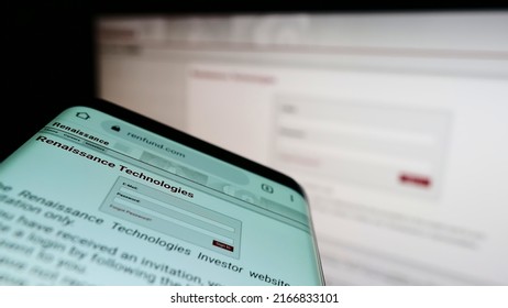 Stuttgart, Germany - 06-06-2022: Mobile Phone With Webpage Of American Hedge Fund Renaissance Technologies LLC On Screen In Front Of Logo. Focus On Top-left Of Phone Display. Unmodified Photo.