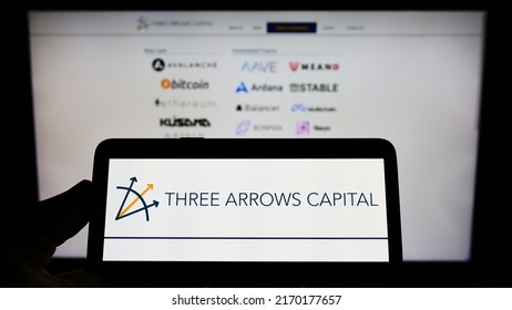 Stuttgart, Germany - 06-18-2022: Person Holding Mobile Phone With Logo Of US Investment Company Three Arrows Capital Ltd. On Screen In Front Of Web Page. Focus On Phone Display. Unmodified Photo.