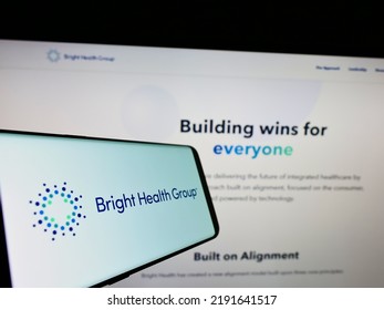 Stuttgart, Germany - 06-27-2021: Smartphone With Logo Of US Insurance Company Bright Health Group Inc. On Screen In Front Of Business Website. Focus On Center Of Phone Display. Unmodified Photo.