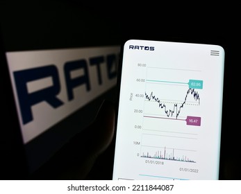 Stuttgart, Germany - 09-30-2022: Person Holding Cellphone With Website Of Swedish Investment Company Ratos AB On Screen In Front Of Logo. Focus On Center Of Phone Display. Unmodified Photo.