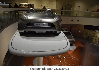 Stuttgart, Germany, 12-17-2019, Mercedes-Benz Museum, Modern Silver Car On Display