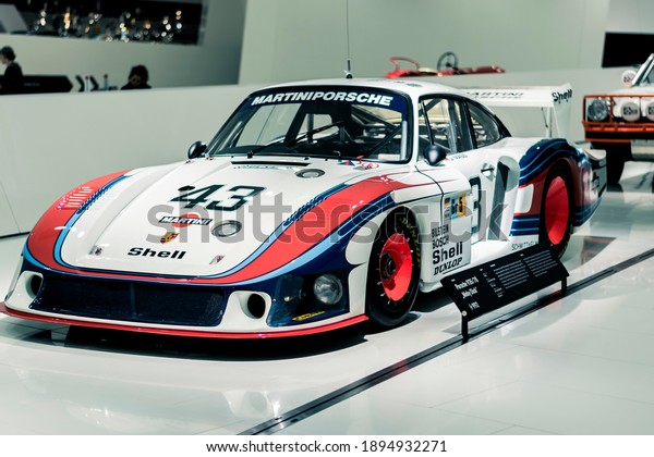 STUTTGART, Germany 6 March 2020: The Porsche 935-78 Moby
Dick Martini Racing No. 43 (Porsche Rennsport Reunion IV) in
Porsche Museum. 