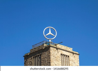 STUTTGART, GERMANY - Apr 20, 2019:   The Tower Of Stuttgart Central Station With The Rotating Mercedes-Benz Logo In Stuttgart. The Building Is One Of Stuttgart's Main Landmarks.