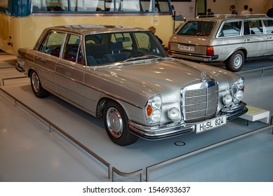 Stuttgart, Germany - April 13, 2019: 1972 Mercedes-Benz 300 SEL 6.3 Classic German Luxury Retro Old Vintage S-Classe Executive Limousine Car