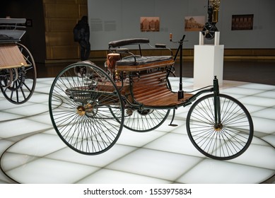 Stuttgart, Germany - April 13, 2019: 1886 Benz Patent-Motorwagen. The First Car By Karl Benz.