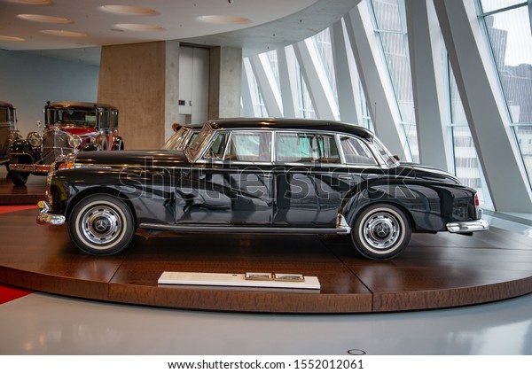 Stuttgart, Germany - April\
13, 2019: 1959 Mercedes-Benz 300 \'Adenauer\' classic German luxury\
S-Class vehicle of first German Federal Chancellor Konrad Adenauer\
personal car