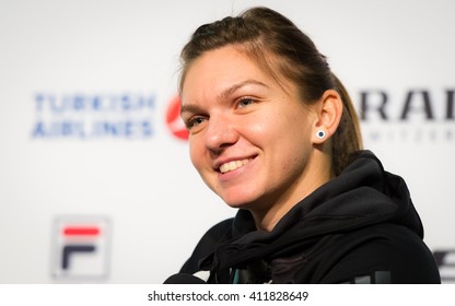 STUTTGART, GERMANY - APRIL 20, 2016: Simona Halep Talks To The Media At The 2016 Porsche Tennis Grand Prix